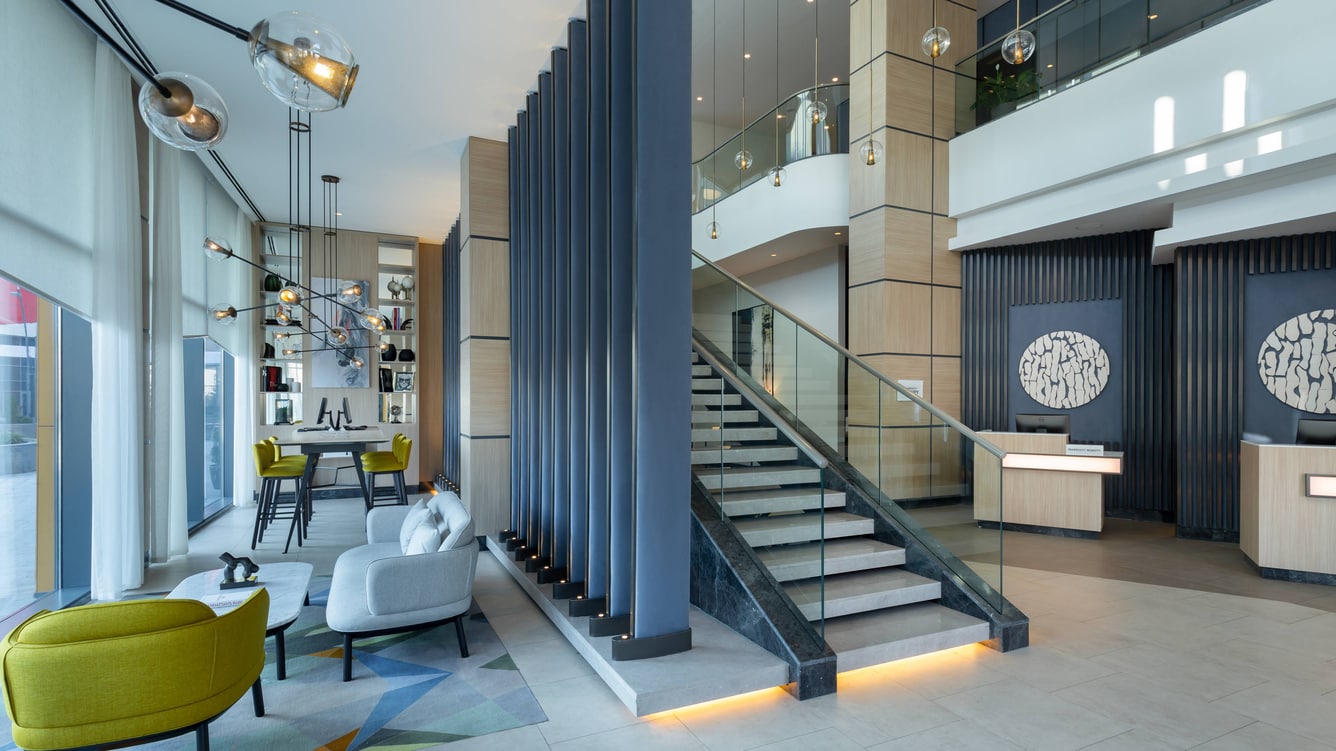 Lobby and staircase at Courtyard by Marriott Chisinau
