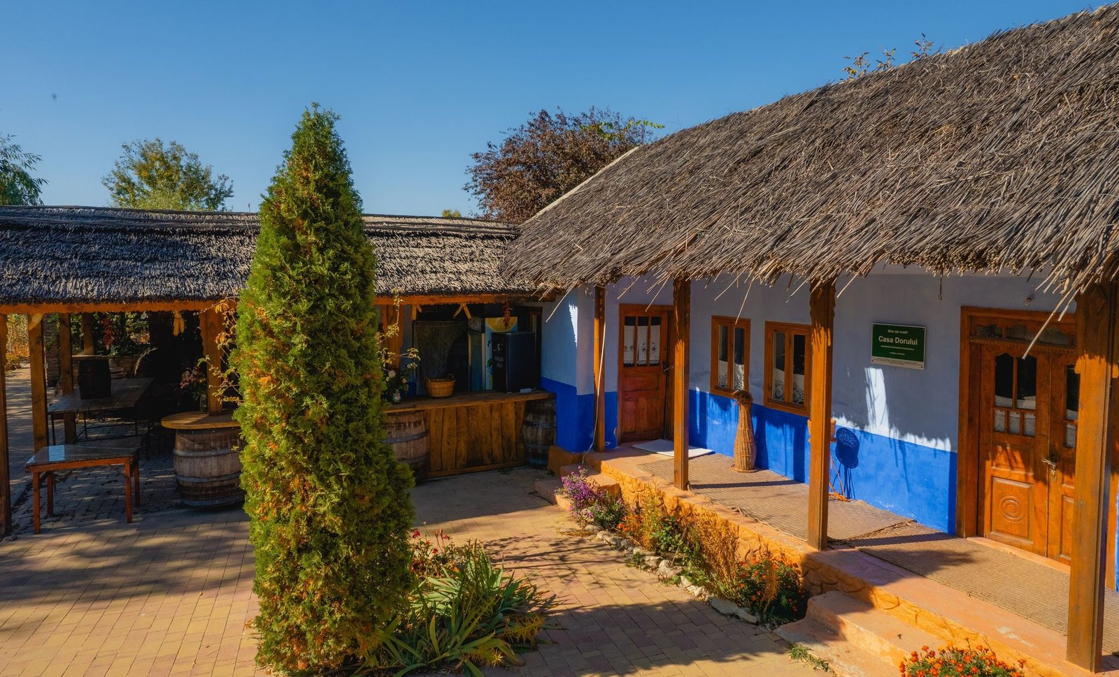 Blue-fronted thatched cottages at Eco-Village Văleni