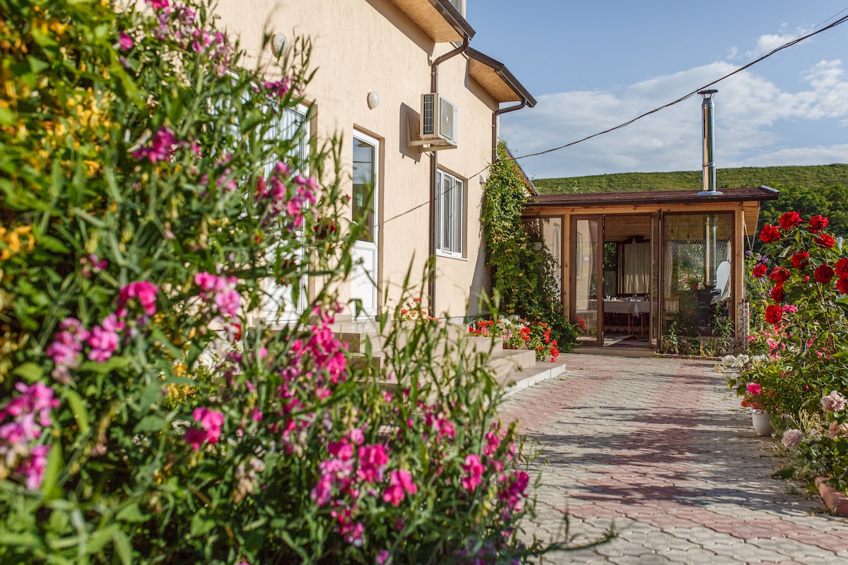 Flower-lined courtyard and entrance at Vila Roz in Trebujeni