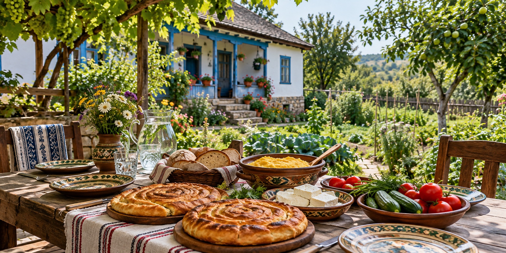 AI illustration of homemade food on a table in a sunny Moldovan-inspired guesthouse garden