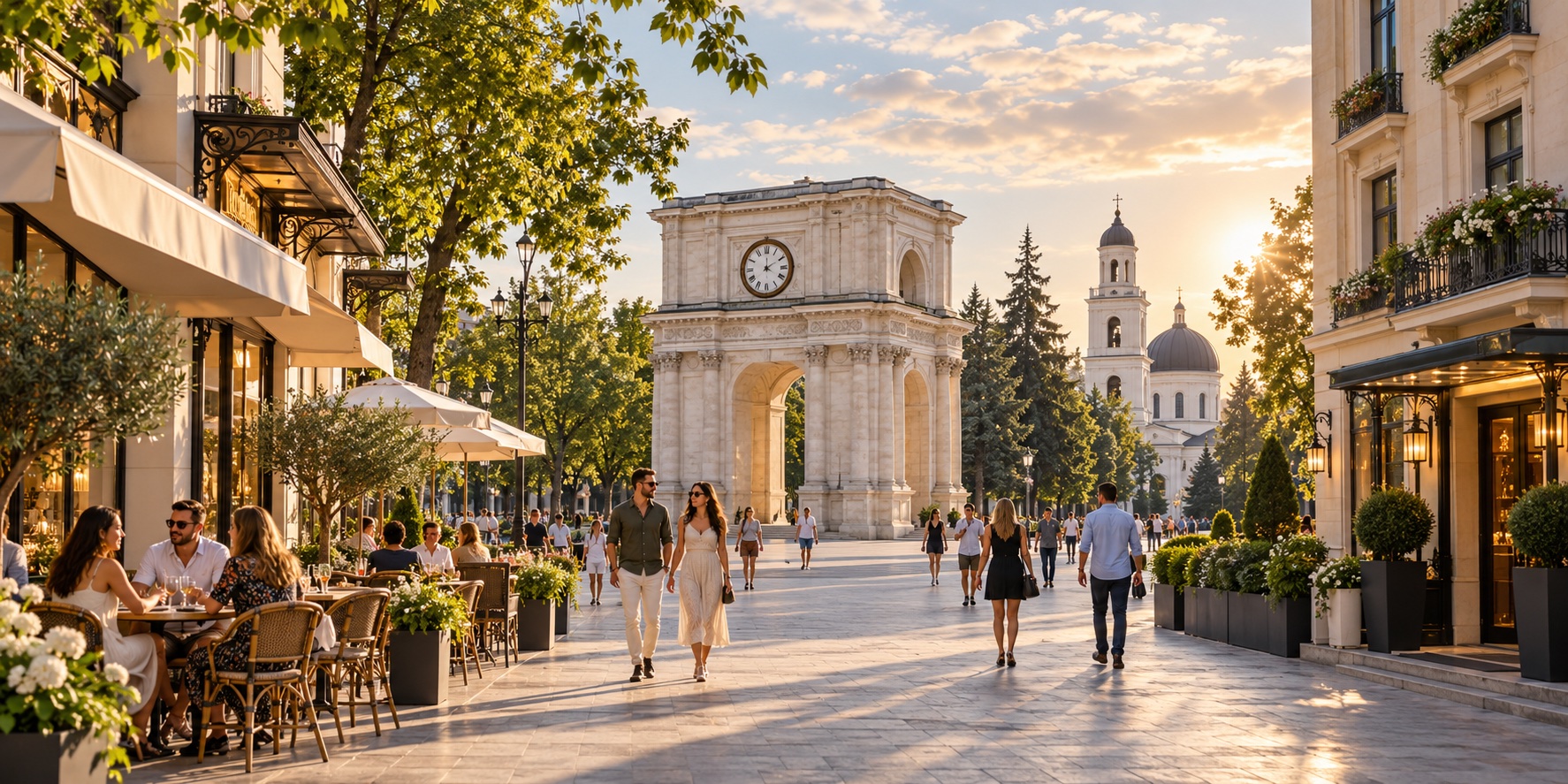 AI illustration inspired by Chișinău’s Triumphal Arch, with people walking, café terraces and a city hotel; imagined street layout